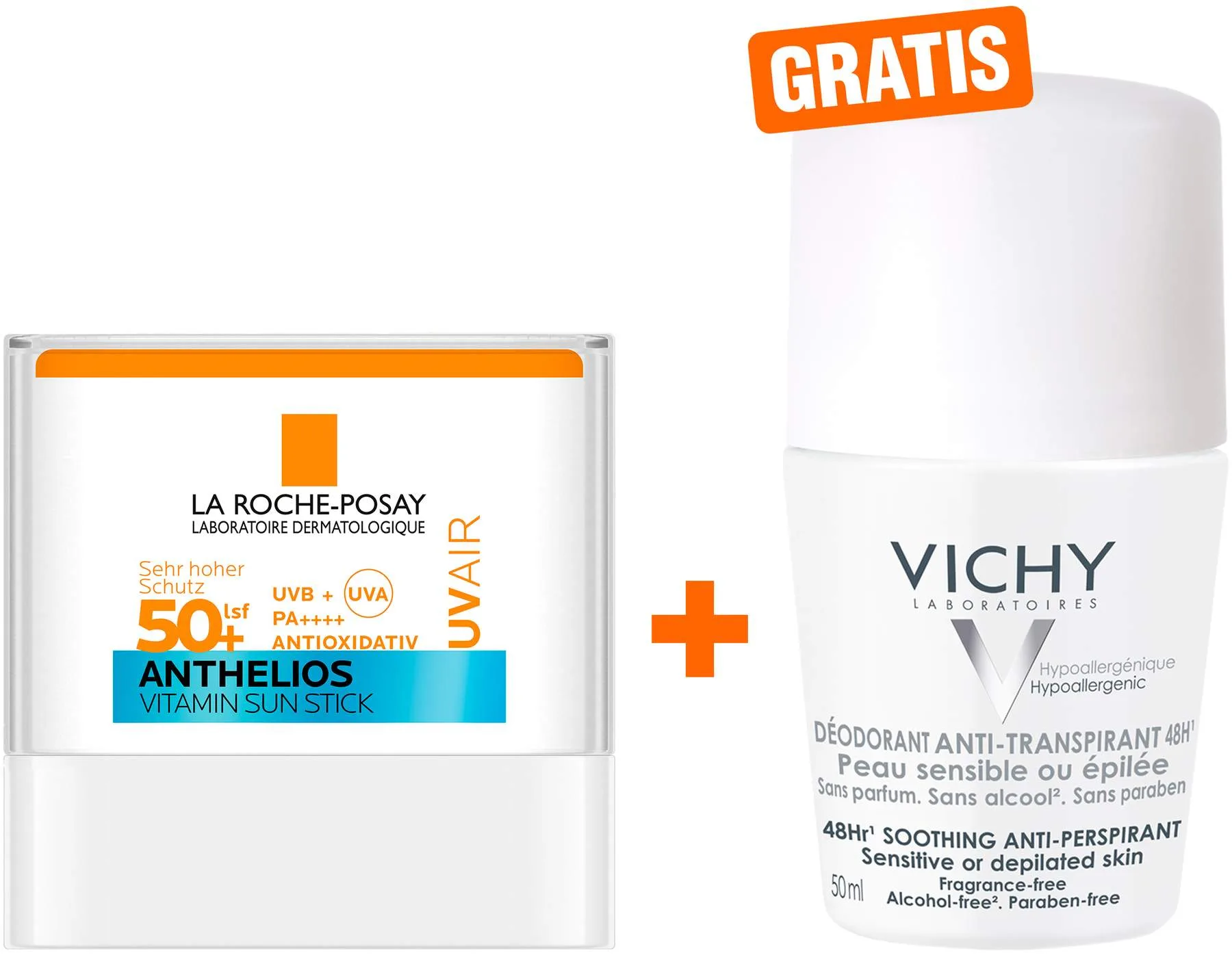 La Roche Posay Anthelios UV Air Stick LSF 50+ 9 g + gratis Vichy Deo Roll-on Anti Flecken 48h 50 ml - Sonnenschutz