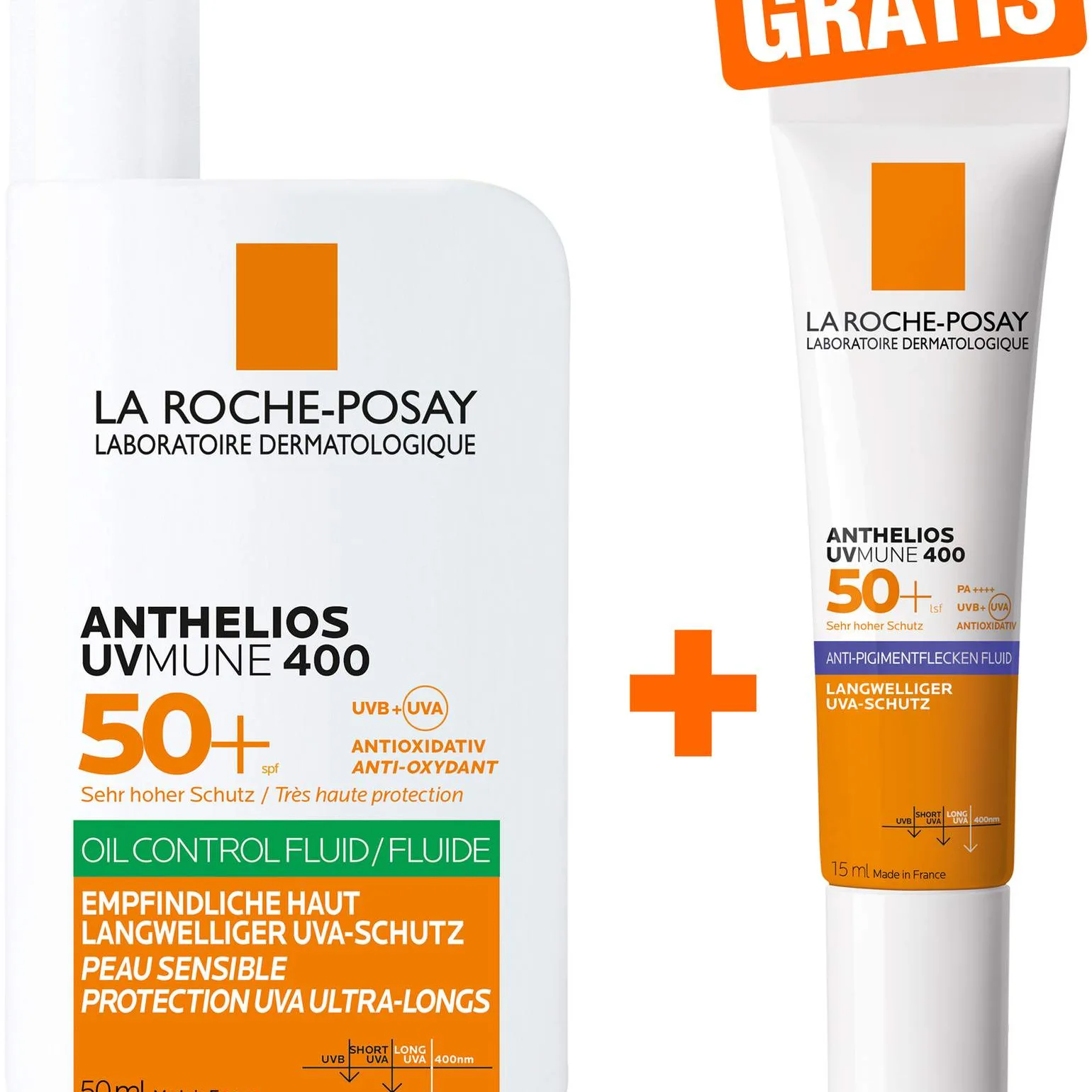 La Roche Posay Anthelios UV Mune Oil Control LSF50 50 ml Fluid + gratis Anthelios Anti-Pigment Fluid 15 ml - Sonnencreme für ölige Haut