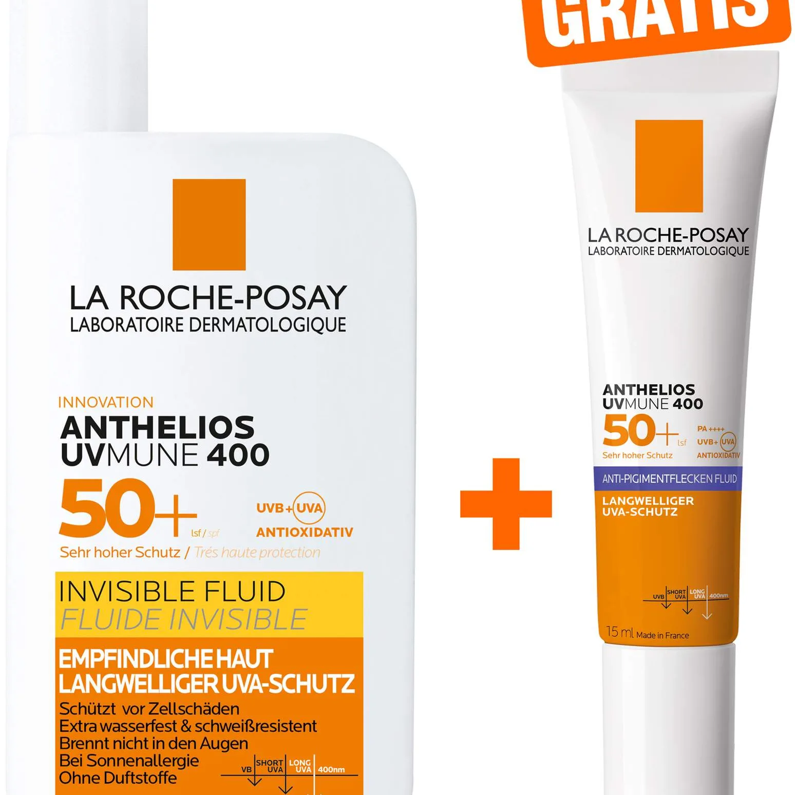 La Roche Posay Anthelios UVMune 400 Invisible Fluid LSF 50+ + gratis La Roche Posay Anti-Pigment Fluid 15 ml - Sonnenfluid bei empfindlicher Haut & Allergie