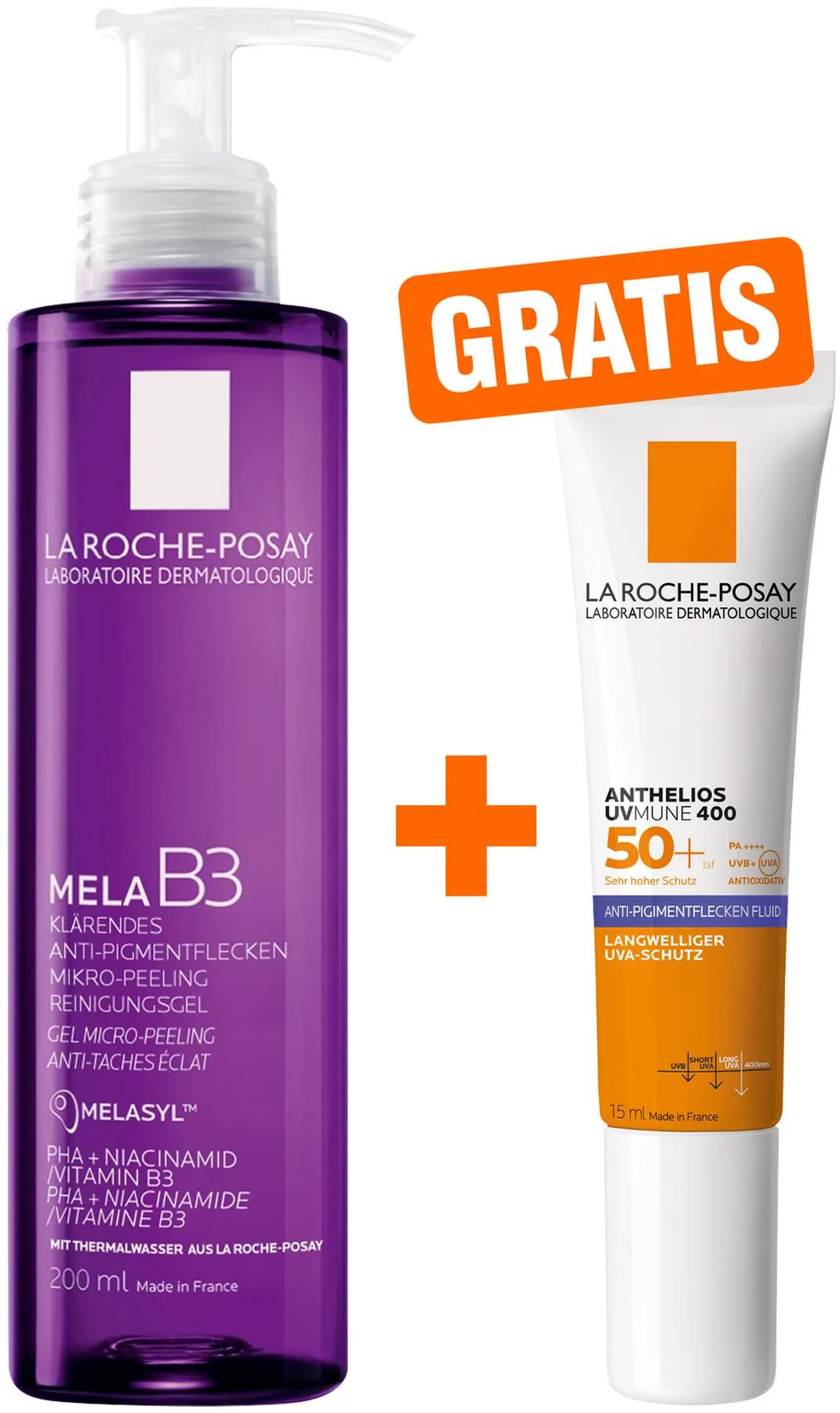 La Roche Posay Mela B3 Reinigungsgel 200 ml + gratis La Roche Posay Anthelios Anti-Pigment Fluid 15 ml - Bei Pigmentflecken