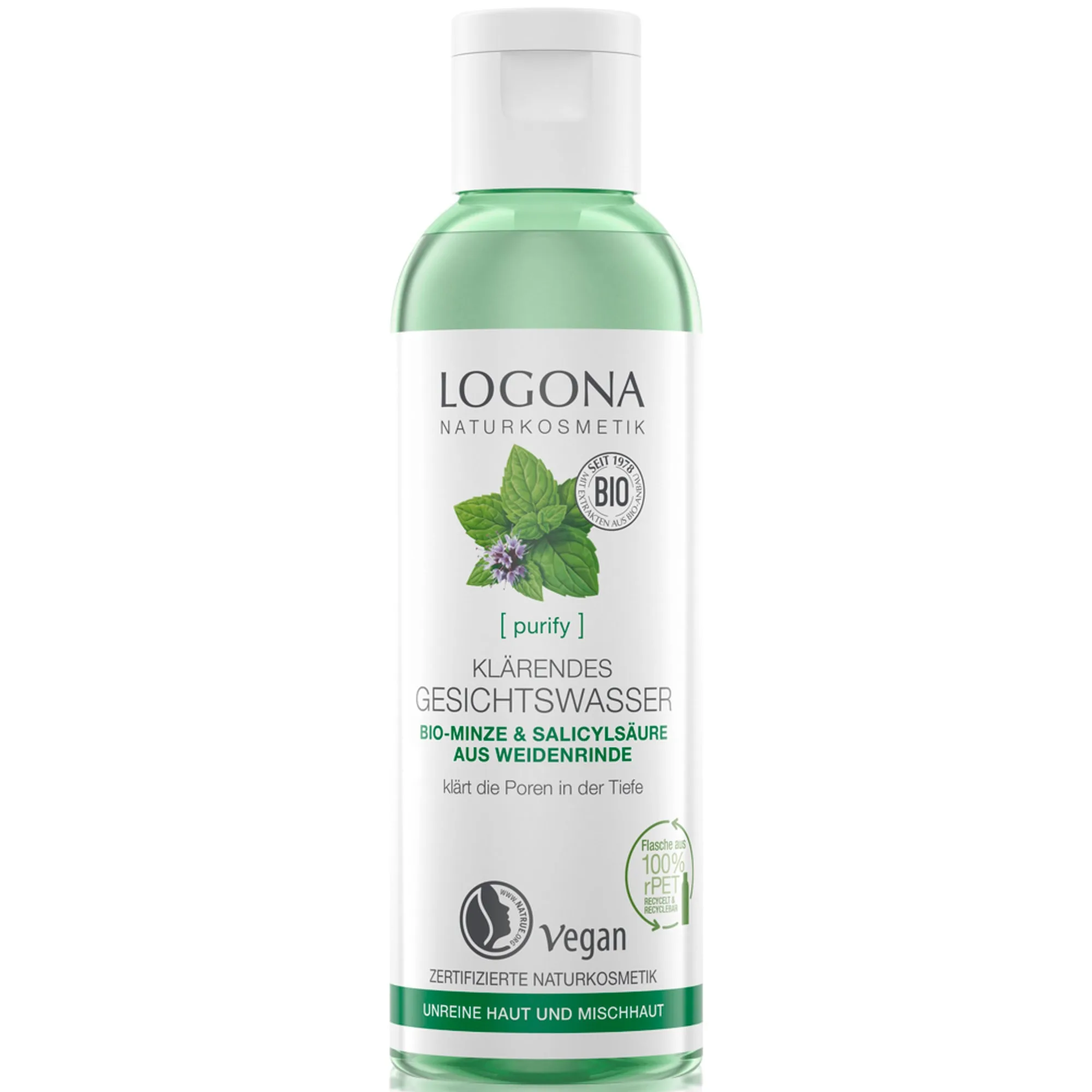 Logona Purify klargörande ansiktsvatten ekologisk mynta och salicylsyra från pilbark Toner