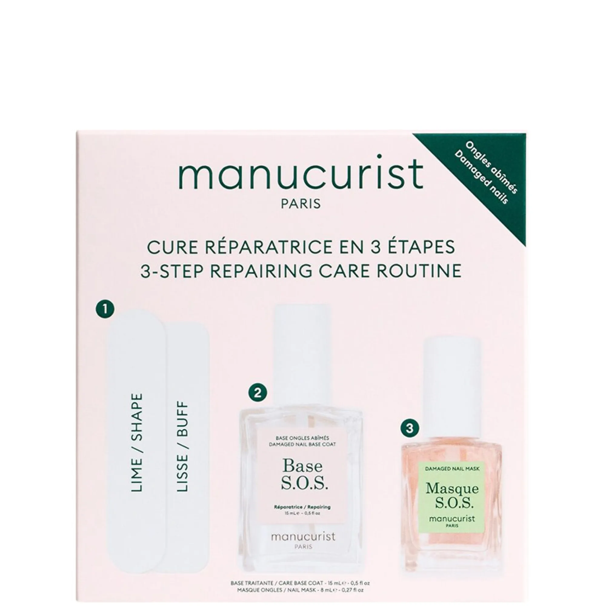 manucurist Nail & Hand Care Repairing Treatment: Base Sos + Mini Masque Sos + Nail File + Buffer Nagelvårdsset
