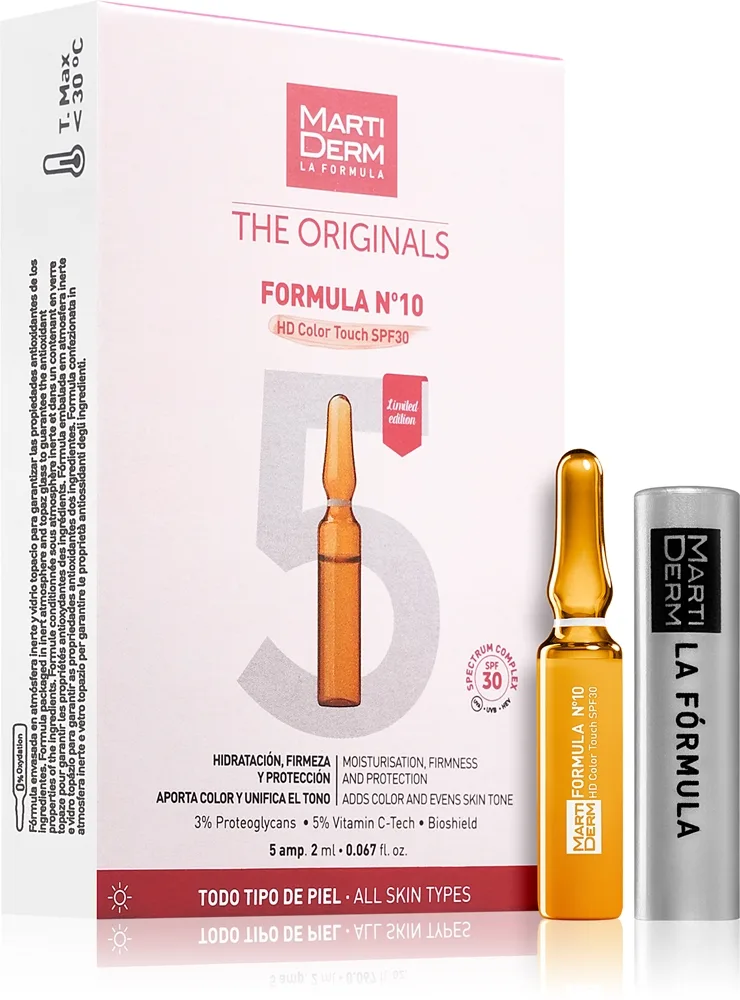 MartiDerm The Originals Formula Nº10 HD Color Touch kosteuttava kasvoseerumi sisältää C-vitamiinia SPF 30 5x2 ml