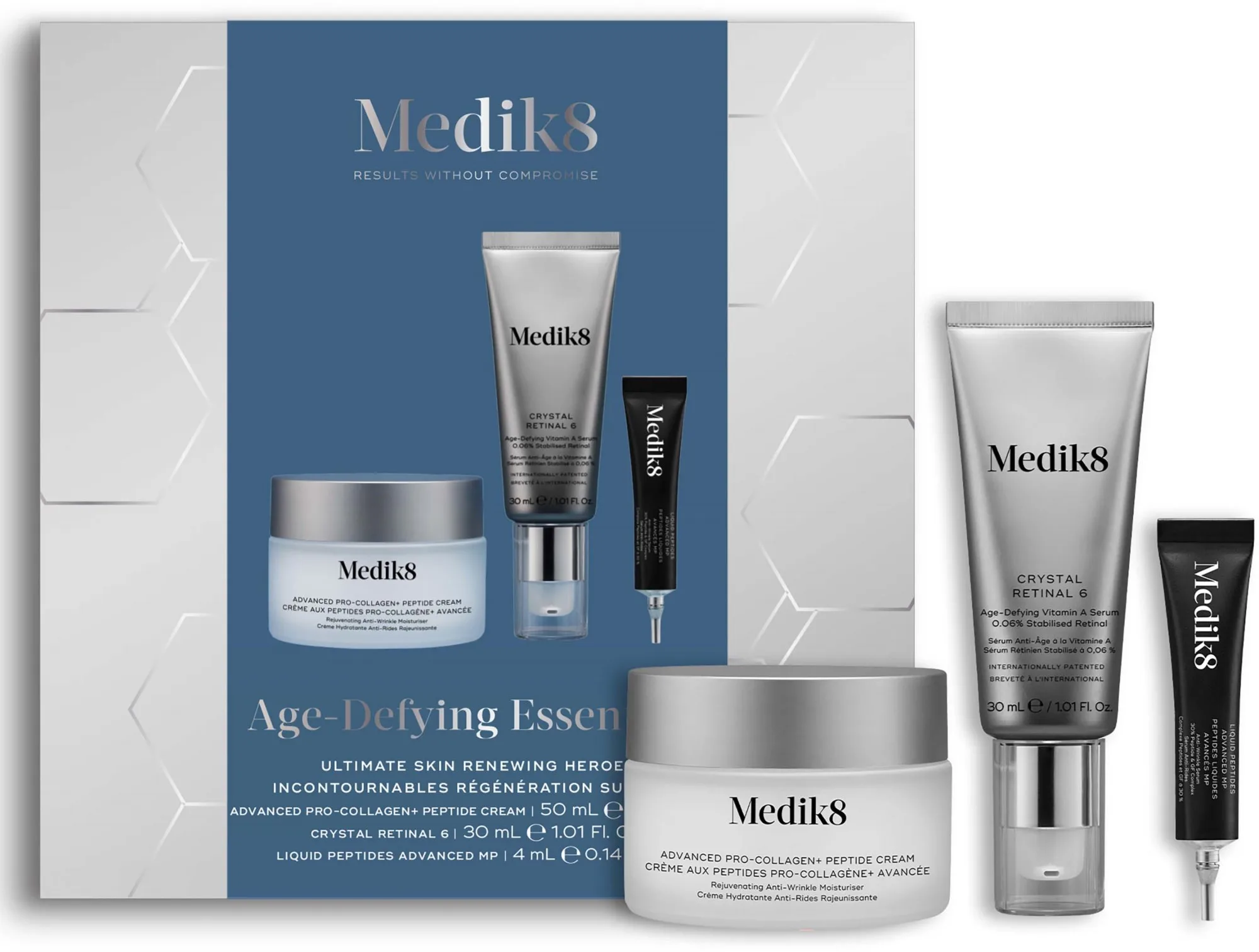 Medik8 Age-Defying Essentials: Advanced Pro-Collagen+ Peptide Cream, Crystal Retinal 6, Liquid Peptides - Nude - 390 G