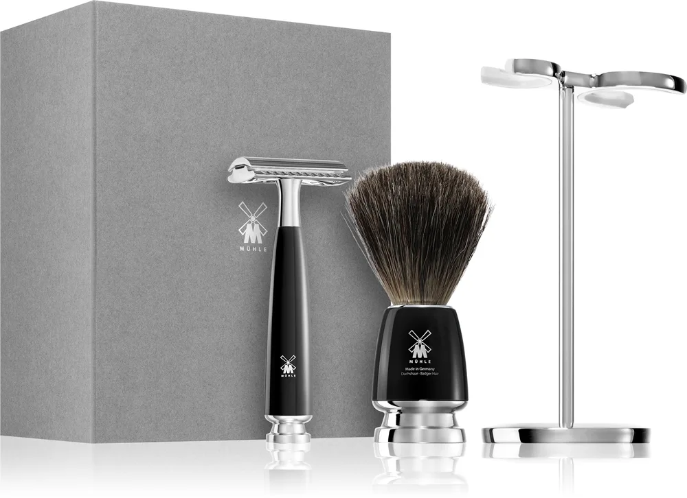 Mühle Barbersæt: DE-Skraber, Pure Badger Barberkost og Holder, Rytmo, Sort Resin (1 sæt)