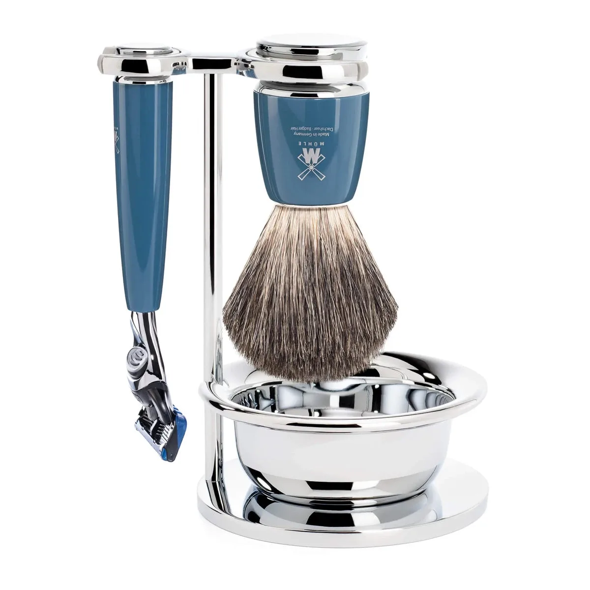 Mühle Rytmo Fusion Shaving Set Pure Badger Resin Petrol Blue