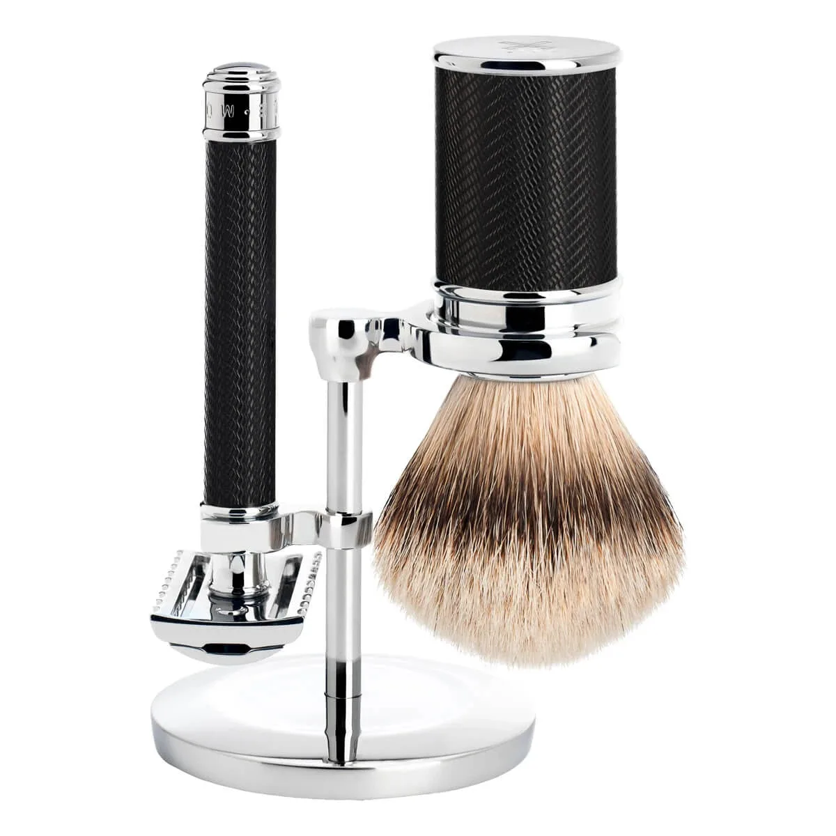 Mühle Shaving Barbersæt med DE-skraber (åben kam), Barberkost og Holder, Traditional, Black