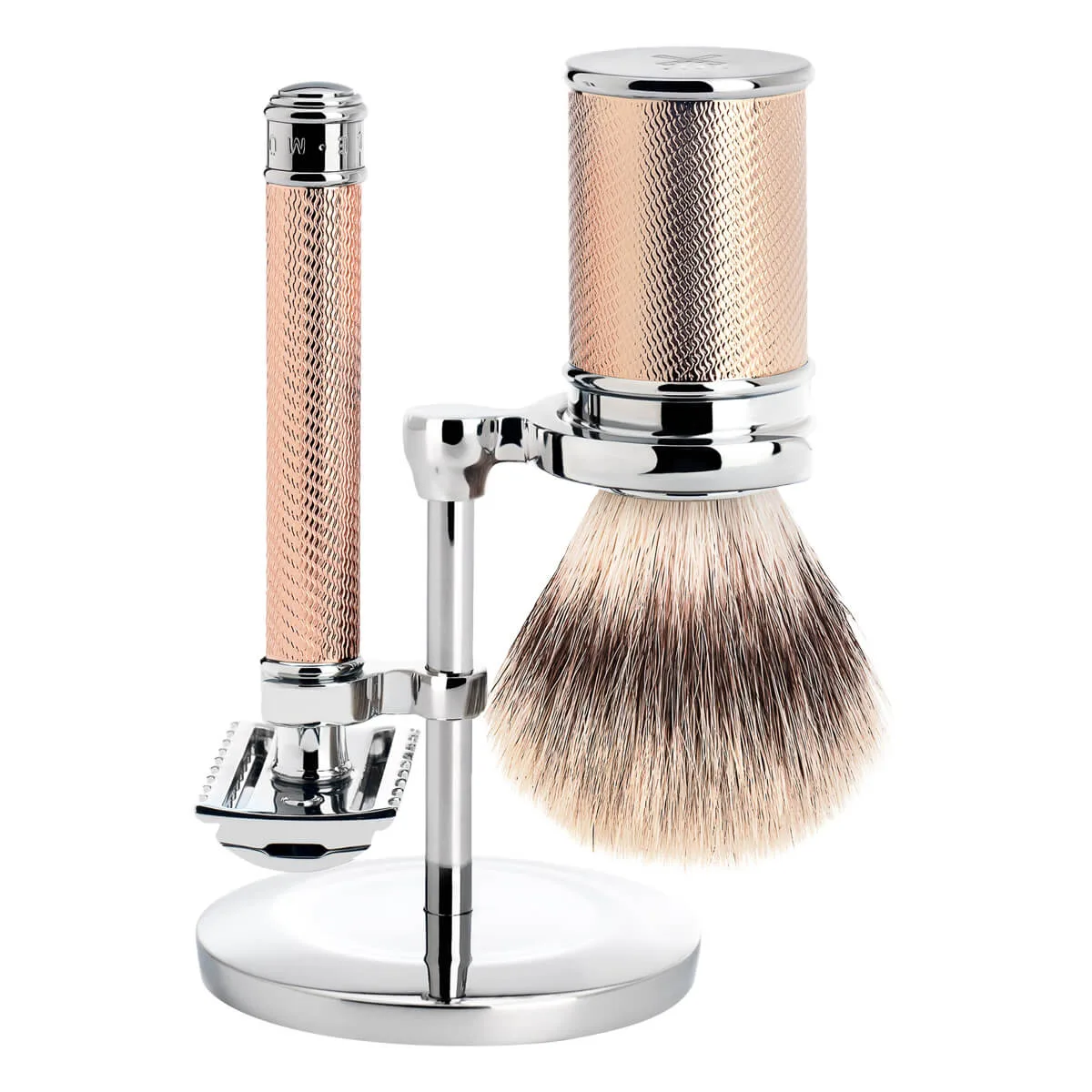 Mühle Shaving Barbersæt med DE-skraber (åben kam), Silvertip Fibre® Barberkost og Holder, Traditional, Rosegold