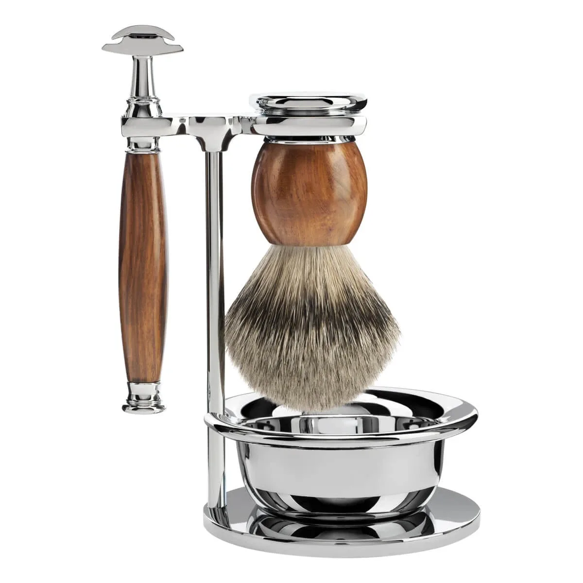 Mühle Shaving Barbersæt med DE-skraber, Barberkost, Holder og skål, Sophist, Ironwood