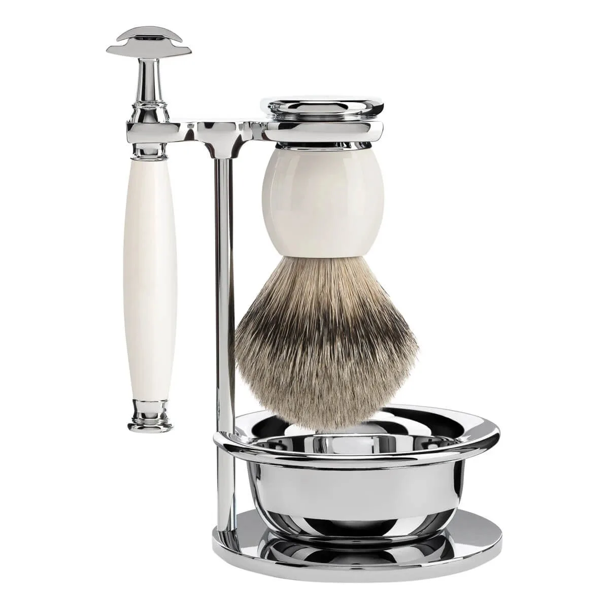 Mühle Shaving Barbersæt med DE-skraber, barberkost, holder og skål, Sophist, Porcelæn