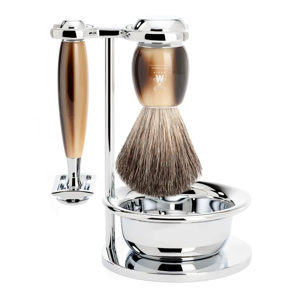 Mühle Shaving barbersæt med DE-skraber, Barberkost, Holder og Skål, Vivo, Brunt Horn