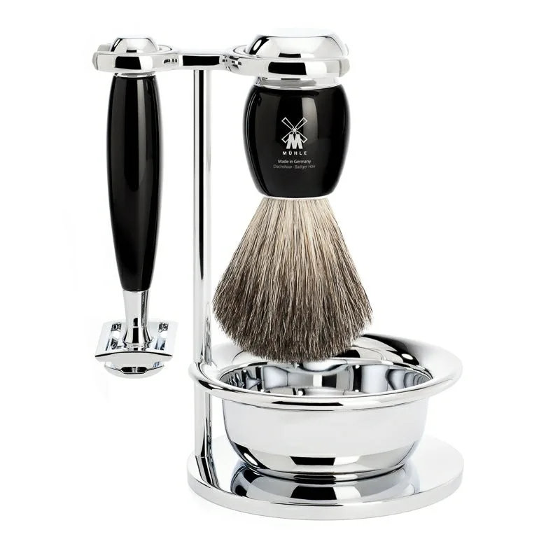 Mühle Shaving Barbersæt med DE-skraber, Barberkost, Holder og Skål, Vivo, Sort Kunstharpiks