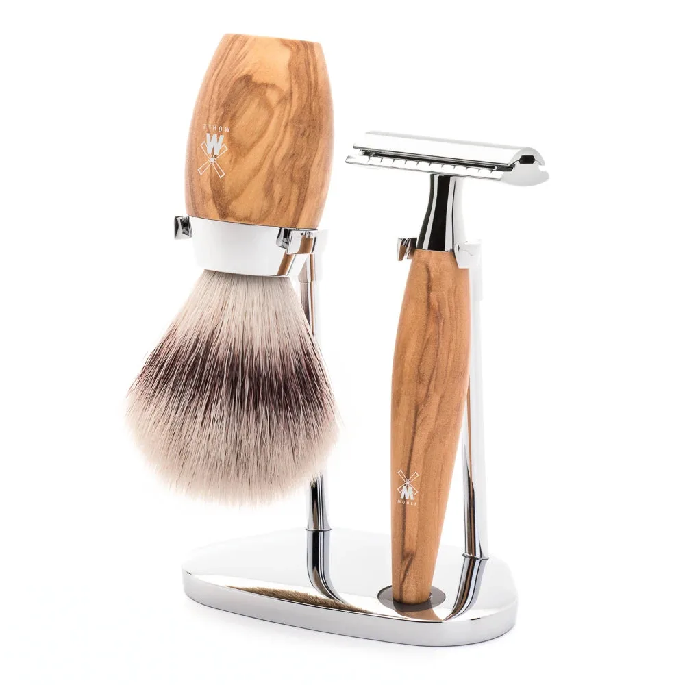 Mühle Shaving Barbersæt med DE-skraber, Barberkost og Holder, Kosmo, Oliventræ