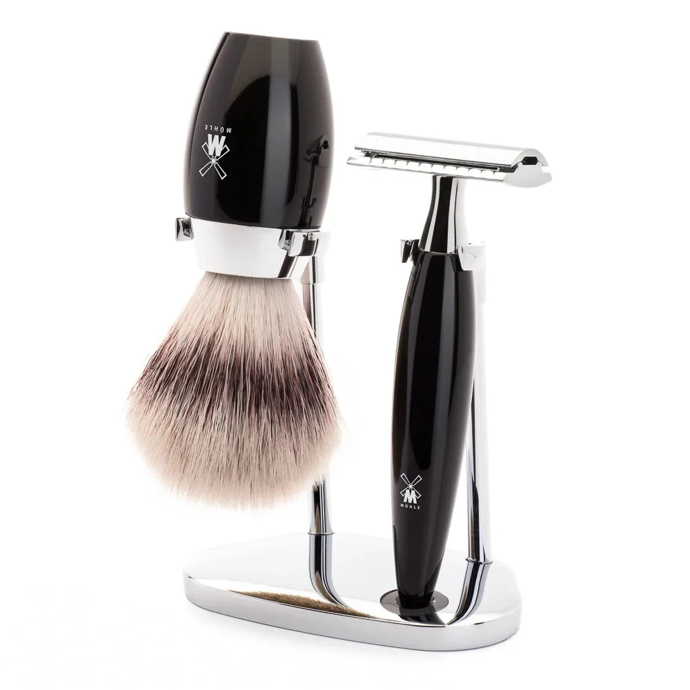 Mühle Shaving Barbersæt med DE-skraber, Barberkost og Holder, Kosmo, Sort Kunstharpiks