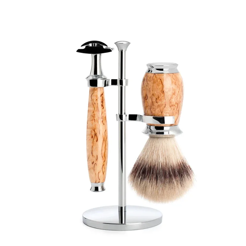 Mühle Shaving Barbersæt med DE-skraber, Barberkost og holder, Purist, Karelian burl birk