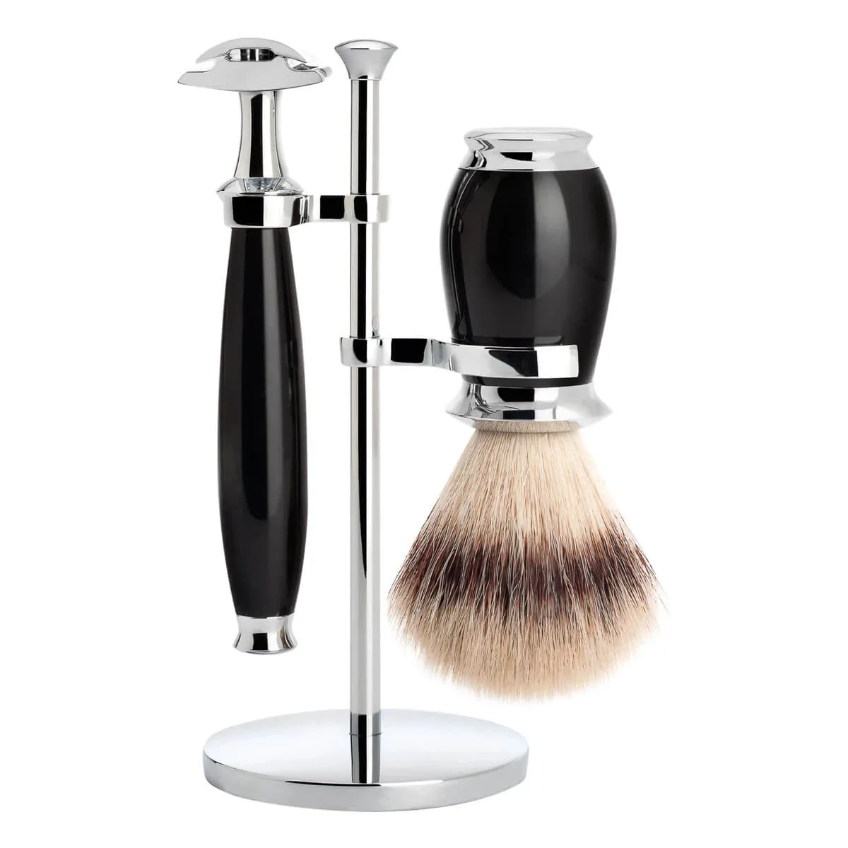 Mühle Shaving Barbersæt med DE-skraber, Barberkost og Holder, Purist, Sort Kunstharpiks