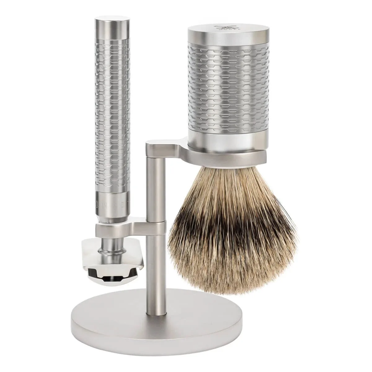 Mühle Shaving Barbersæt med DE-skraber, Barberkost og Holder, Rocca, Rustfrit stål - Mat finish