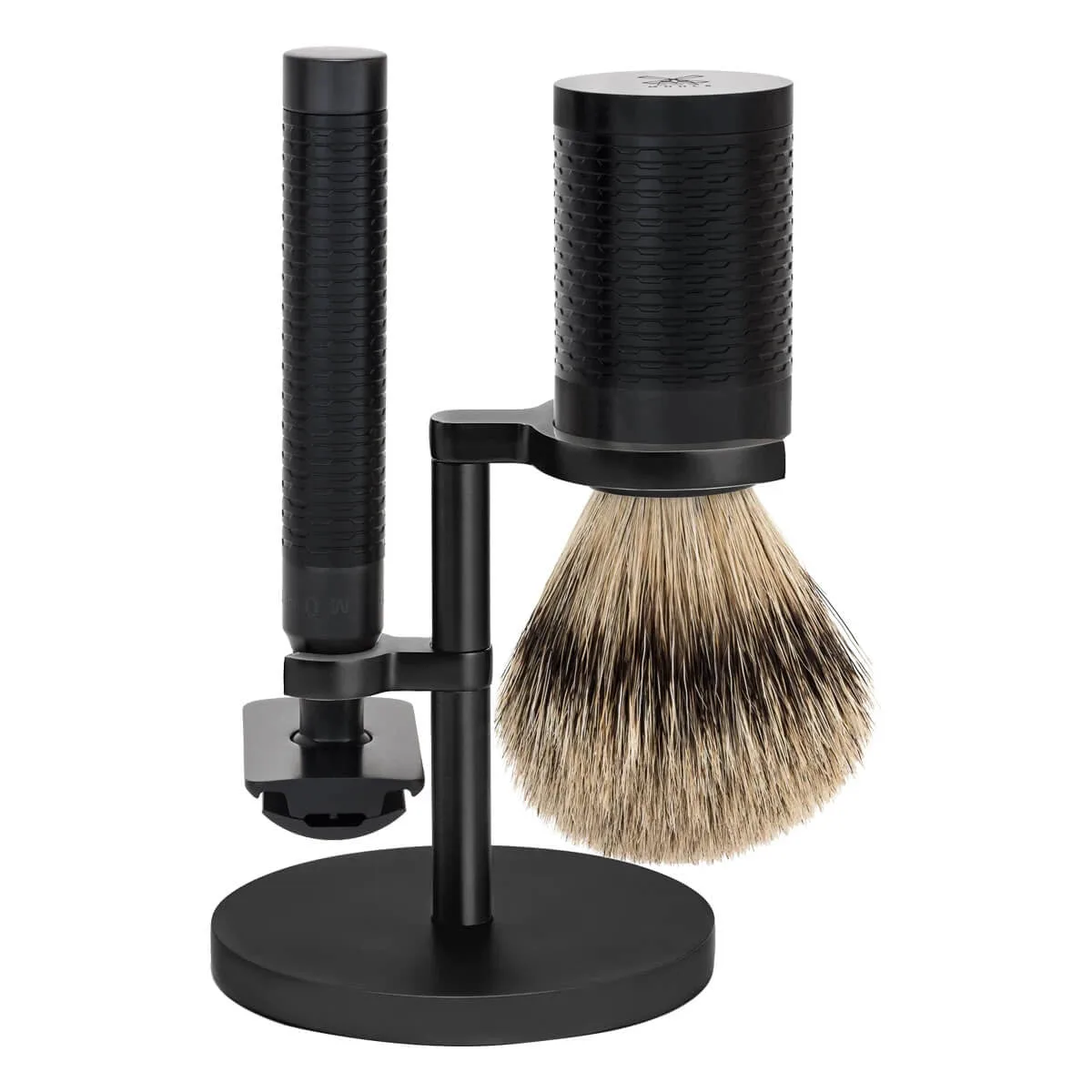 Mühle Shaving Barbersæt med DE-skraber, Barberkost og Holder, Rocca, Sort rustfrit stål