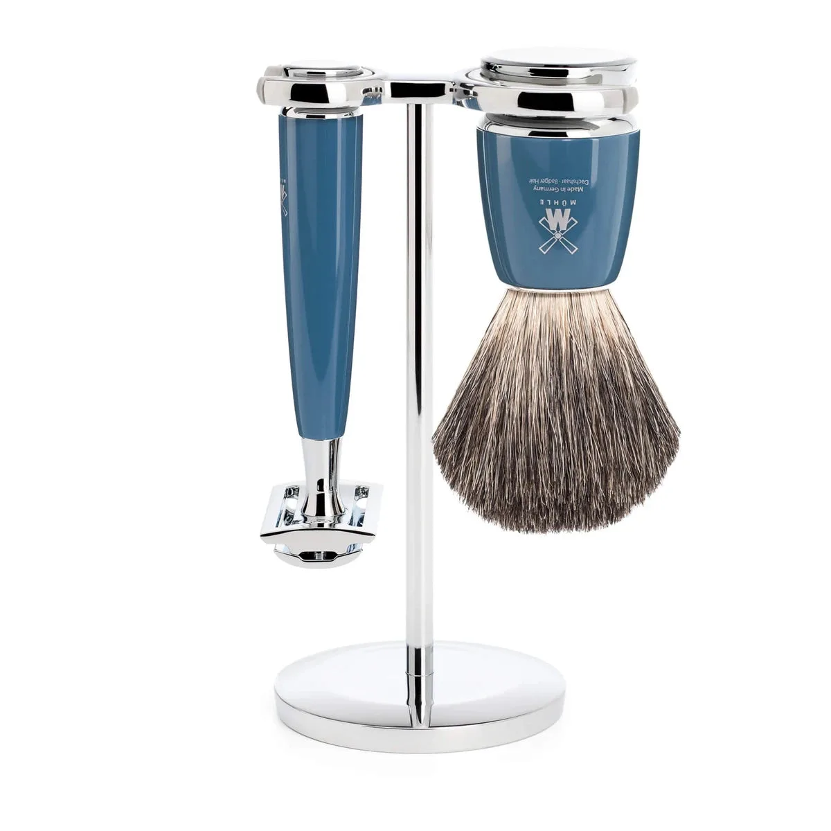 Mühle Shaving Barbersæt med DE-skraber, Barberkost og Holder, Rytmo, Petroleumsblå
