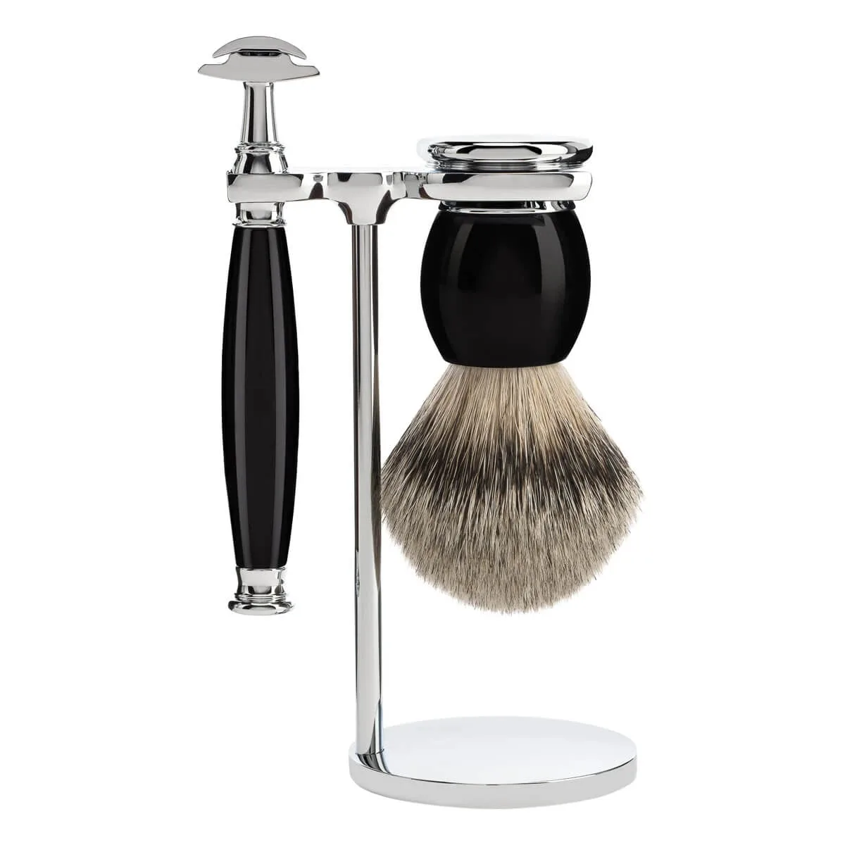 Mühle Shaving Barbersæt med DE-skraber, Barberkost og Holder, Sophist, Sort Kunstharpiks