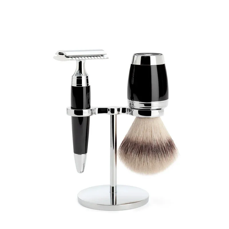 Mühle Shaving Barbersæt med DE-skraber, Barberkost og holder, Stylo, Sort Kunstharpiks