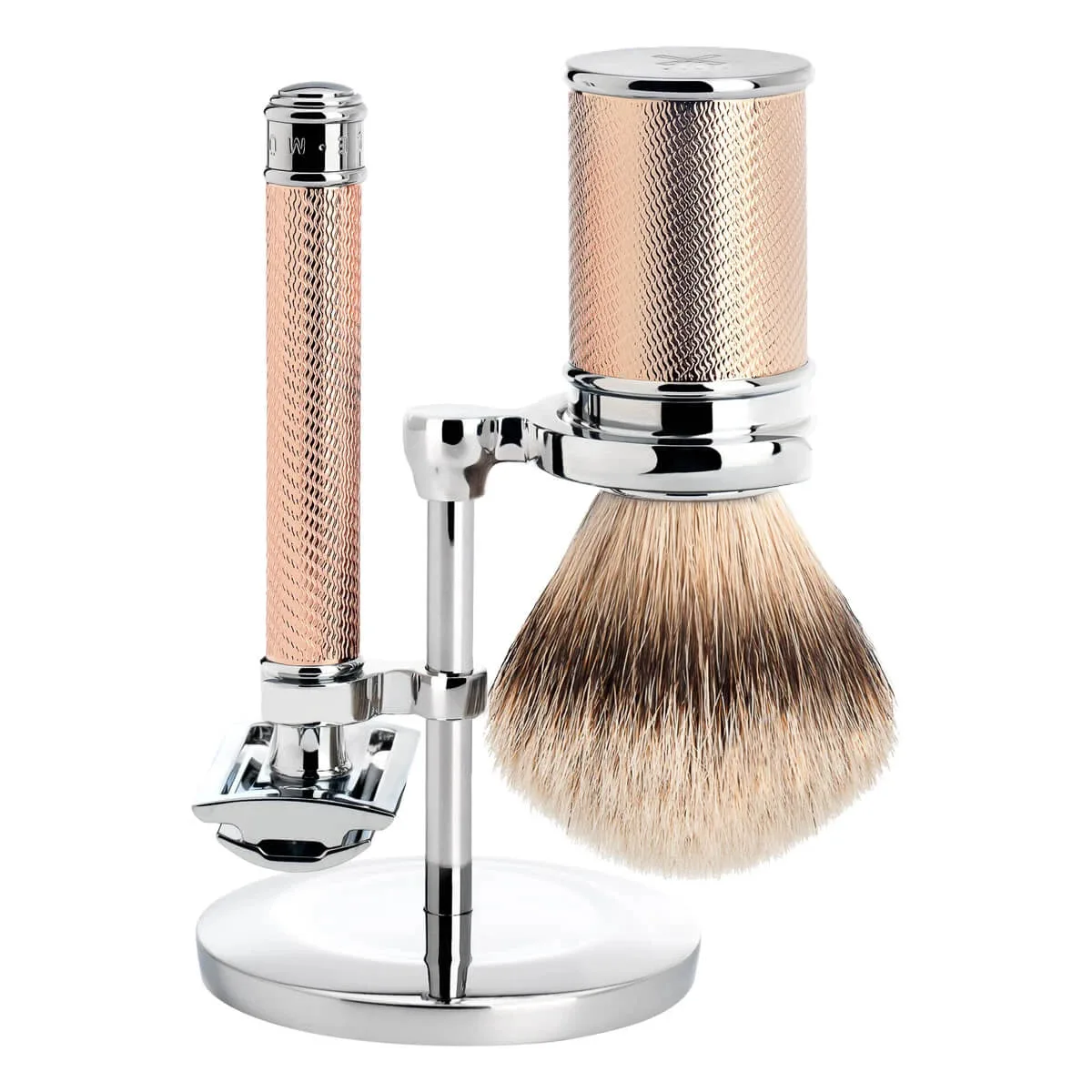Mühle Shaving Barbersæt med DE-skraber, Barberkost og holder, Traditional, Rosegold