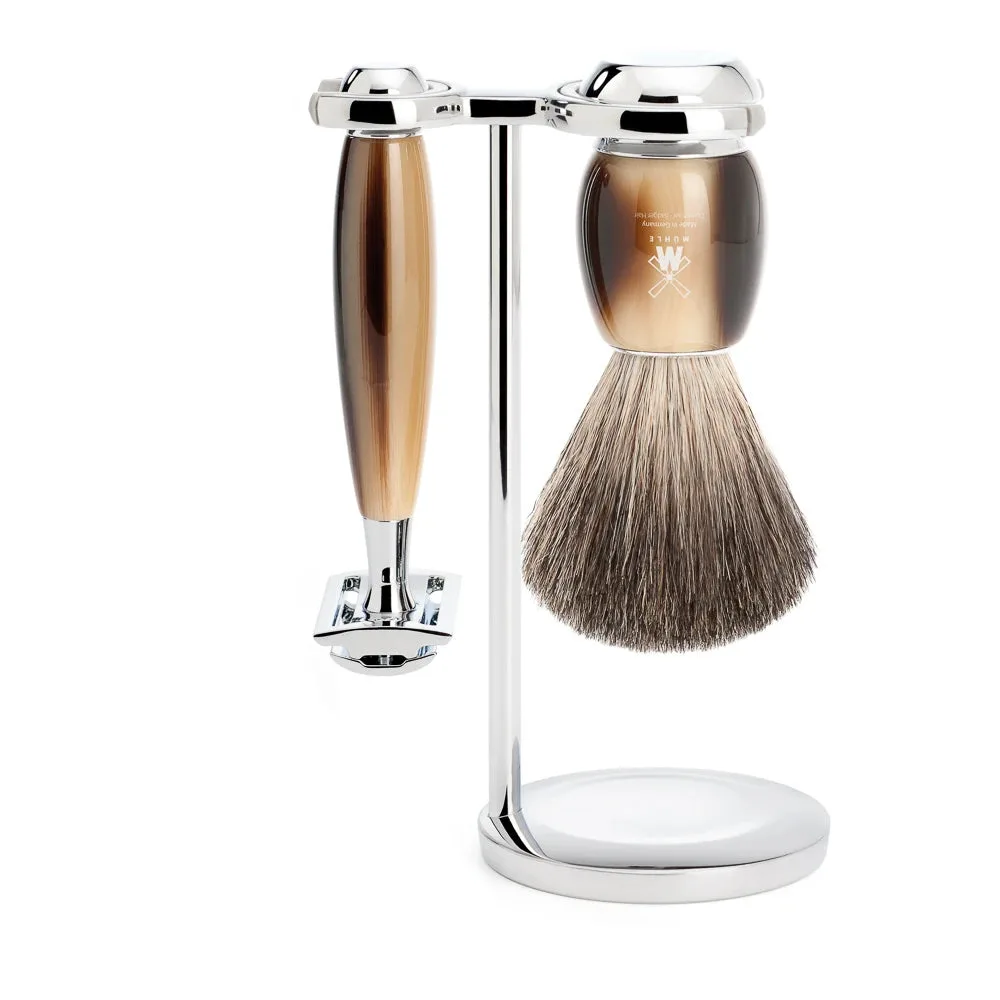 Mühle Shaving Barbersæt med DE-skraber, Barberkost og Holder, Vivo, Brunt Horn