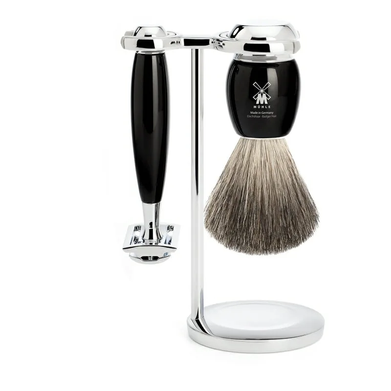 Mühle Shaving Barbersæt med DE-skraber, Barberkost og Holder, Vivo, Sort Kunstharpiks