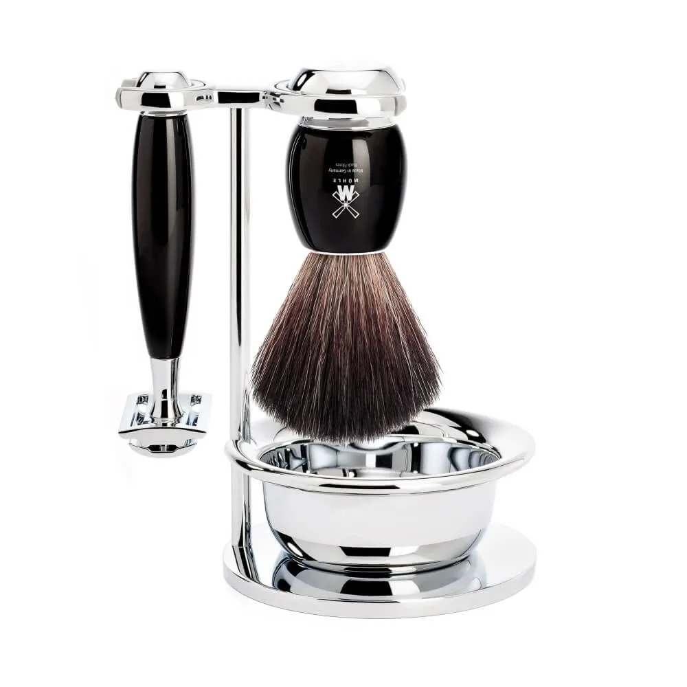 Mühle Shaving Barbersæt med DE-skraber, Black Fibre Barberkost, Holder og Skål, Vivo, Sort Kunstharpiks