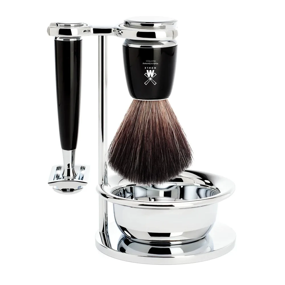 Mühle Shaving Barbersæt med DE-skraber, Fibre Barberkost, Holder og Skål, Rytmo, Sort Kunstharpiks