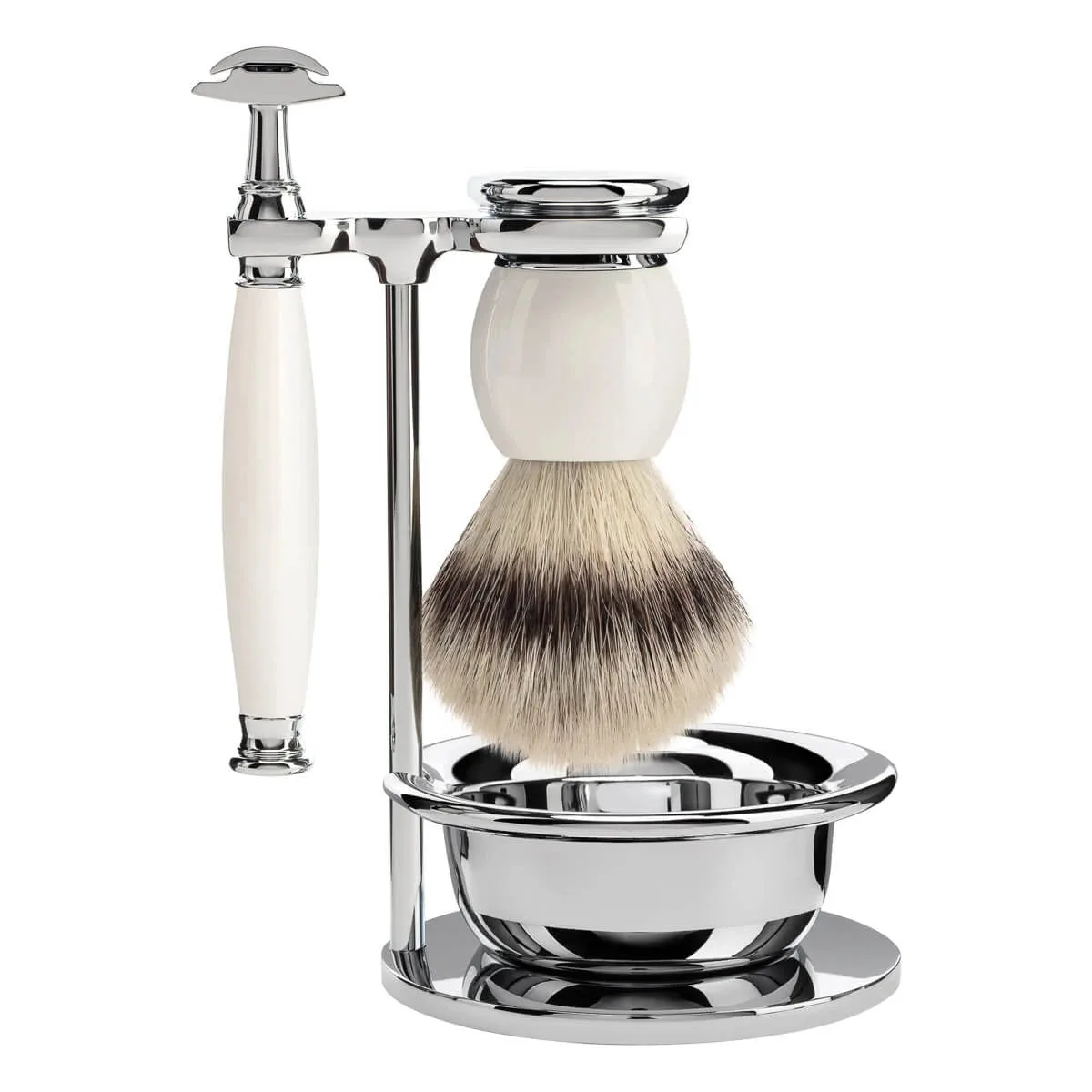 Mühle Shaving Barbersæt med DE-skraber, Fibre Barberkost, Holder og Skål, Sophist, Porcelæn