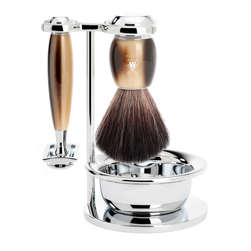 Mühle Shaving Barbersæt med DE-skraber, Fibre Barberkost, Holder og Skål, Vivo, Brunt Horn