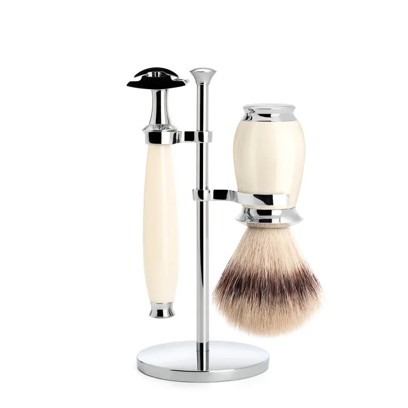 Mühle Shaving Barbersæt med DE-skraber, Fibre Barberkost og Holder, Purist, Hvid Kunstharpiks