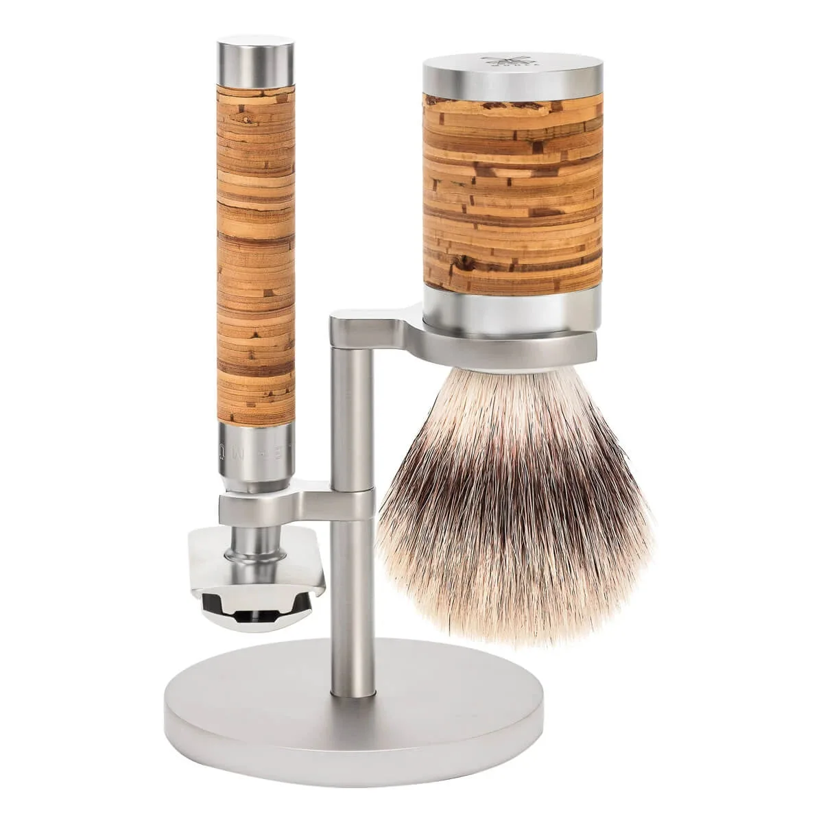 Mühle Shaving Barbersæt med DE-skraber, Fibre Barberkost og Holder, Rocca, Rustfrit stål & Birkebark