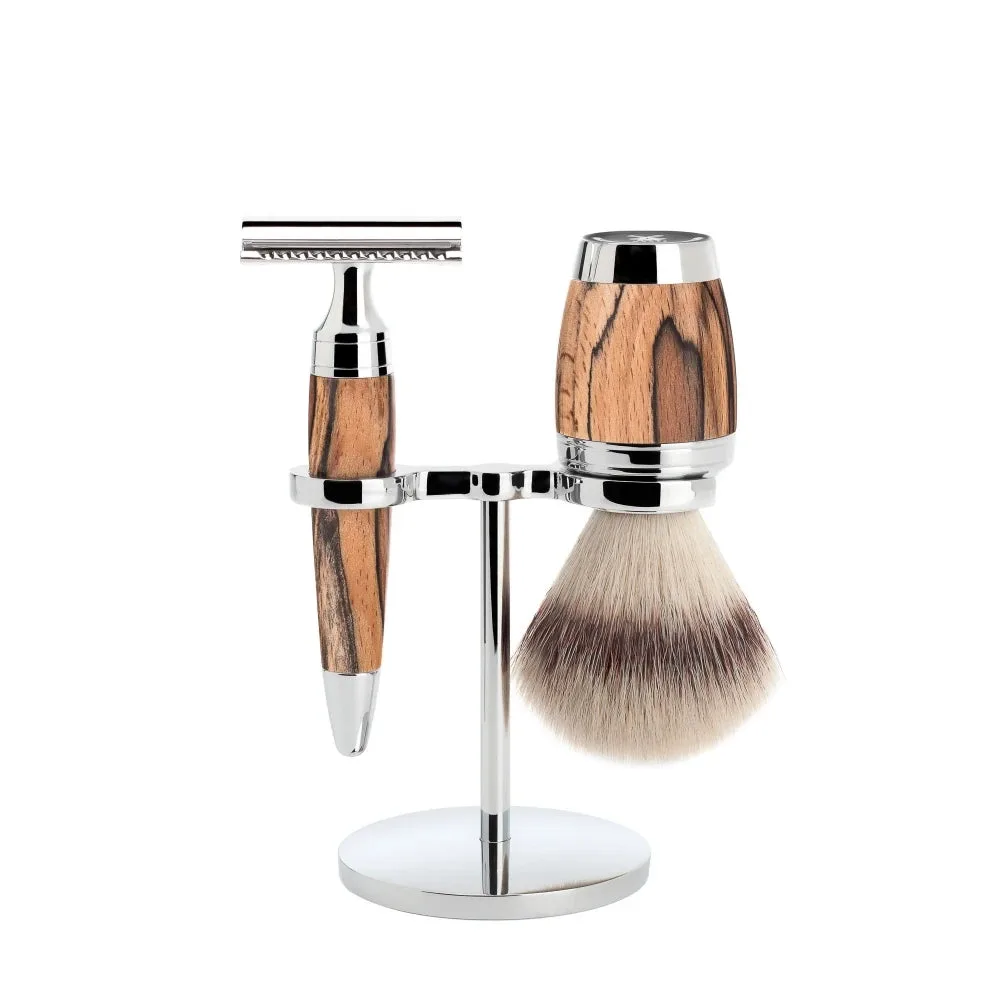 Mühle Shaving Barbersæt med DE-skraber, Fibre Barberkost og Holder, Stylo, Spalted Beech