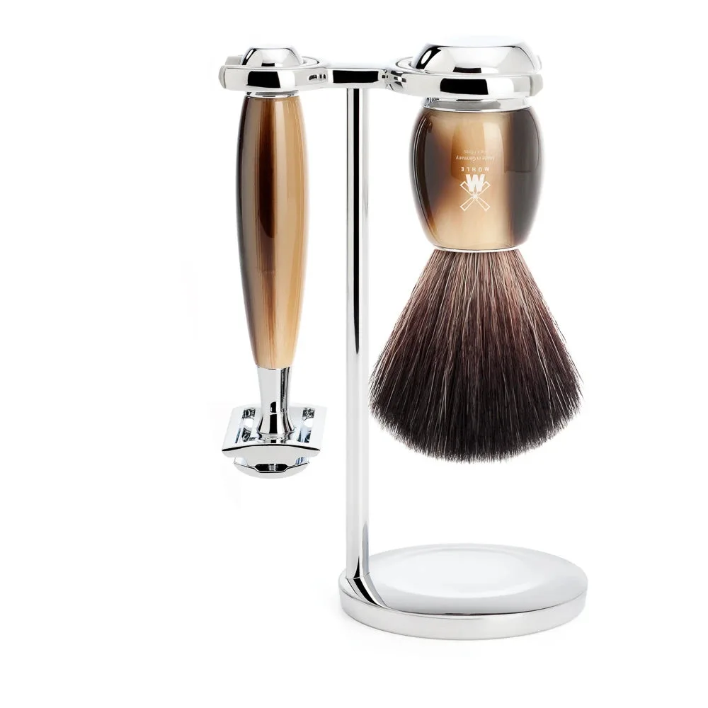 Mühle Shaving Barbersæt med DE-skraber, Fibre Barberkost og Holder, Vivo, Brunt Horn