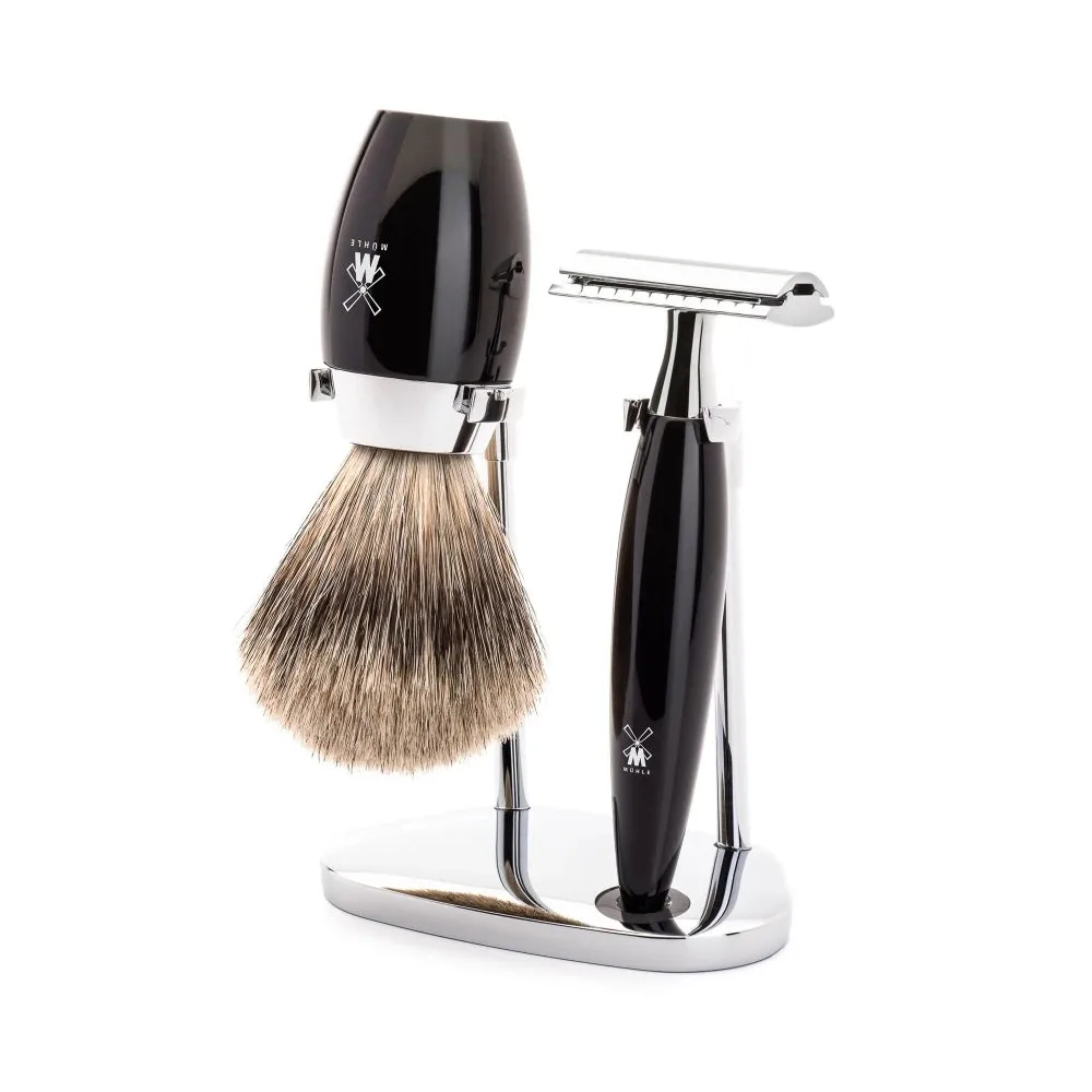 Mühle Shaving Barbersæt med DE-Skraber, Fine Badger Barberkost og Holder, Kosmo, Sort Kunstharpiks