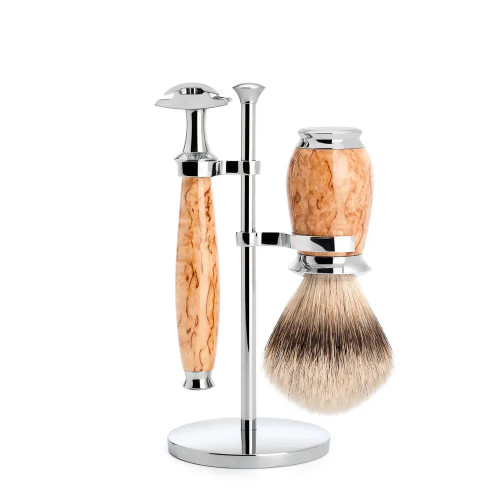 Mühle Shaving Barbersæt med DE-skraber, Silvertip Barberkost og holder, Purist, Karelian Burl Birk