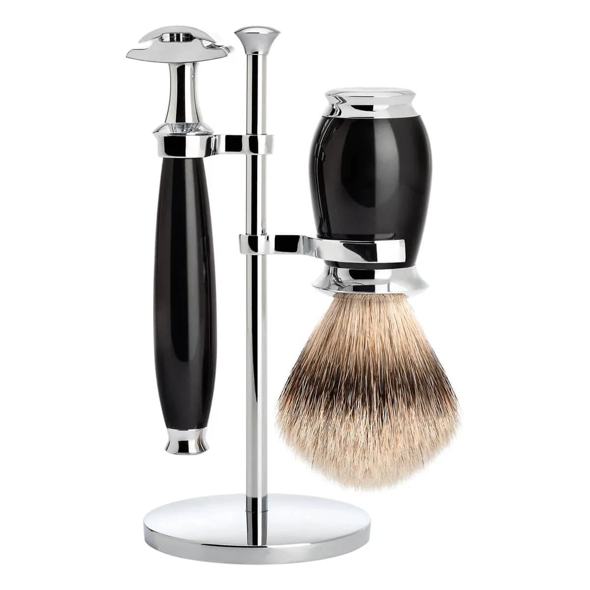 Mühle Shaving Barbersæt med DE-skraber, Silvertip Barberkost og Holder, Purist, Sort Kunstharpiks