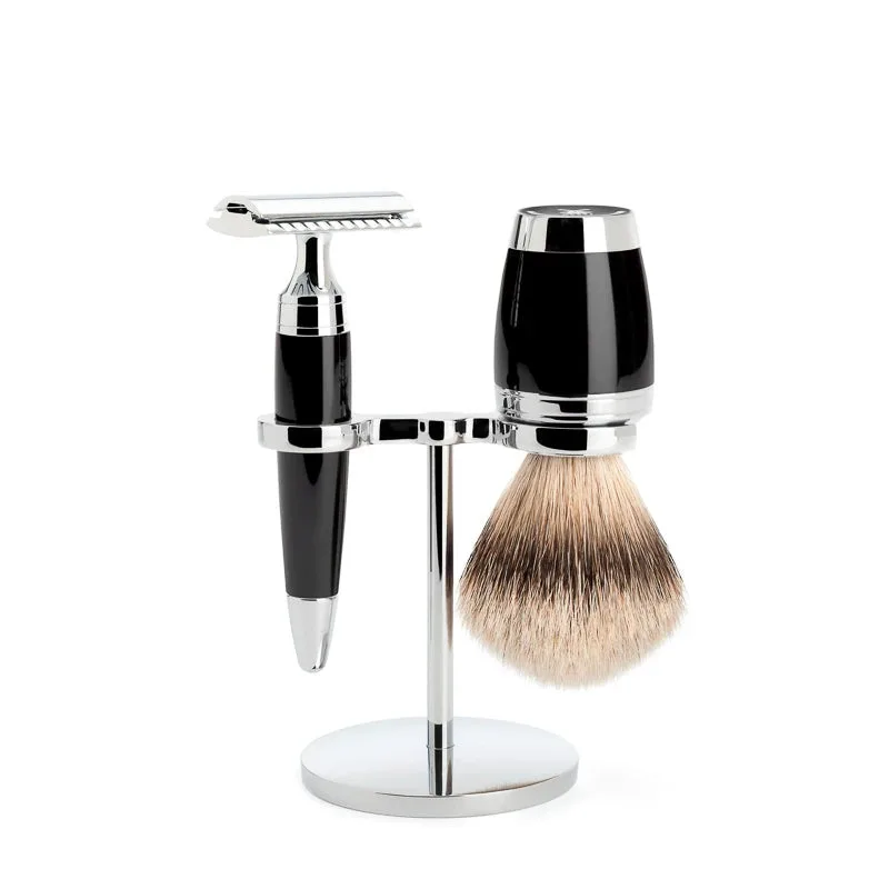Mühle Shaving Barbersæt med DE-skraber, Silvertip Barberkost og holder, Stylo, Sort Kunstharpiks