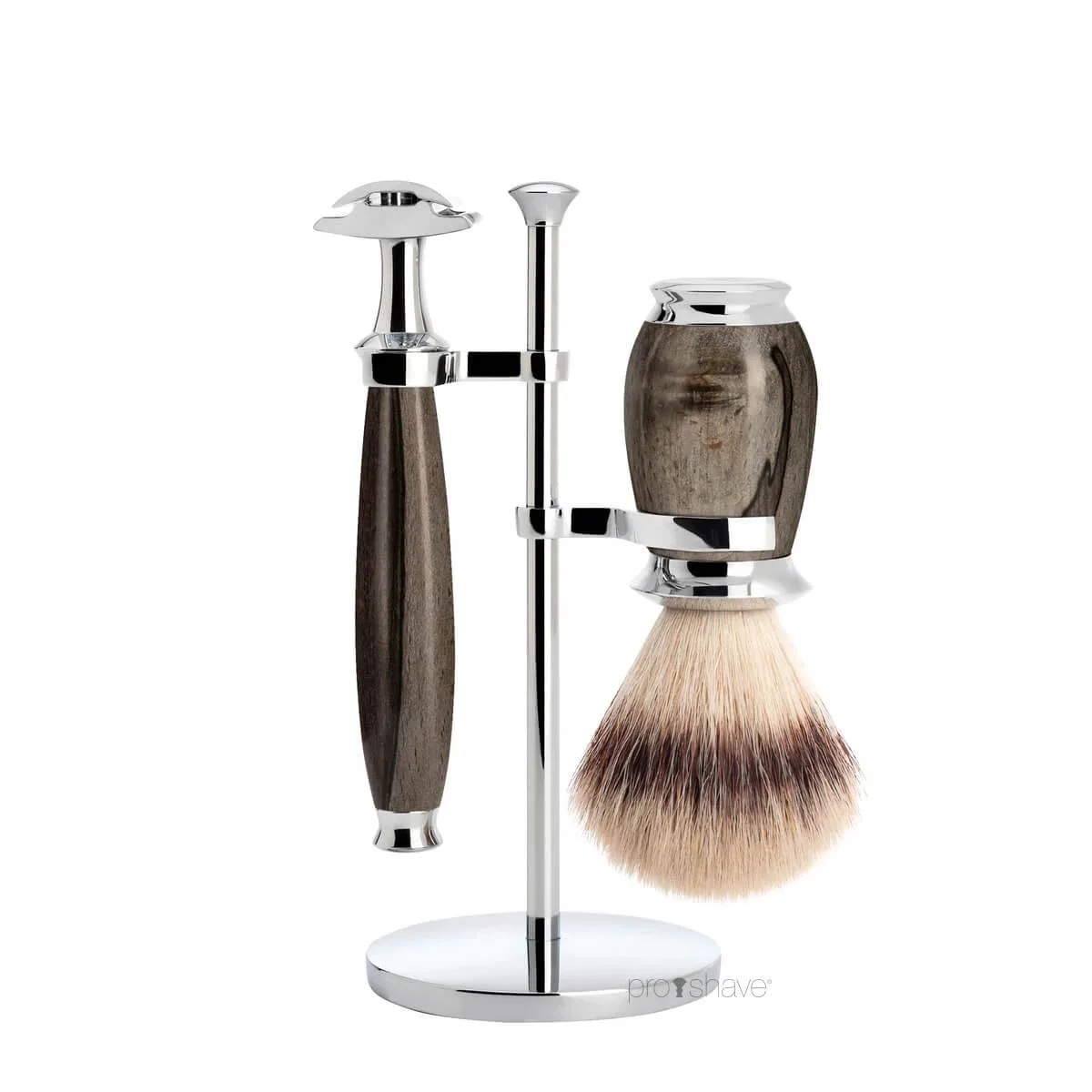 Mühle Shaving Barbersæt med DE-skraber, Silvertip FibreÂ® Barberkost og Holder, Purist, Grained Beech