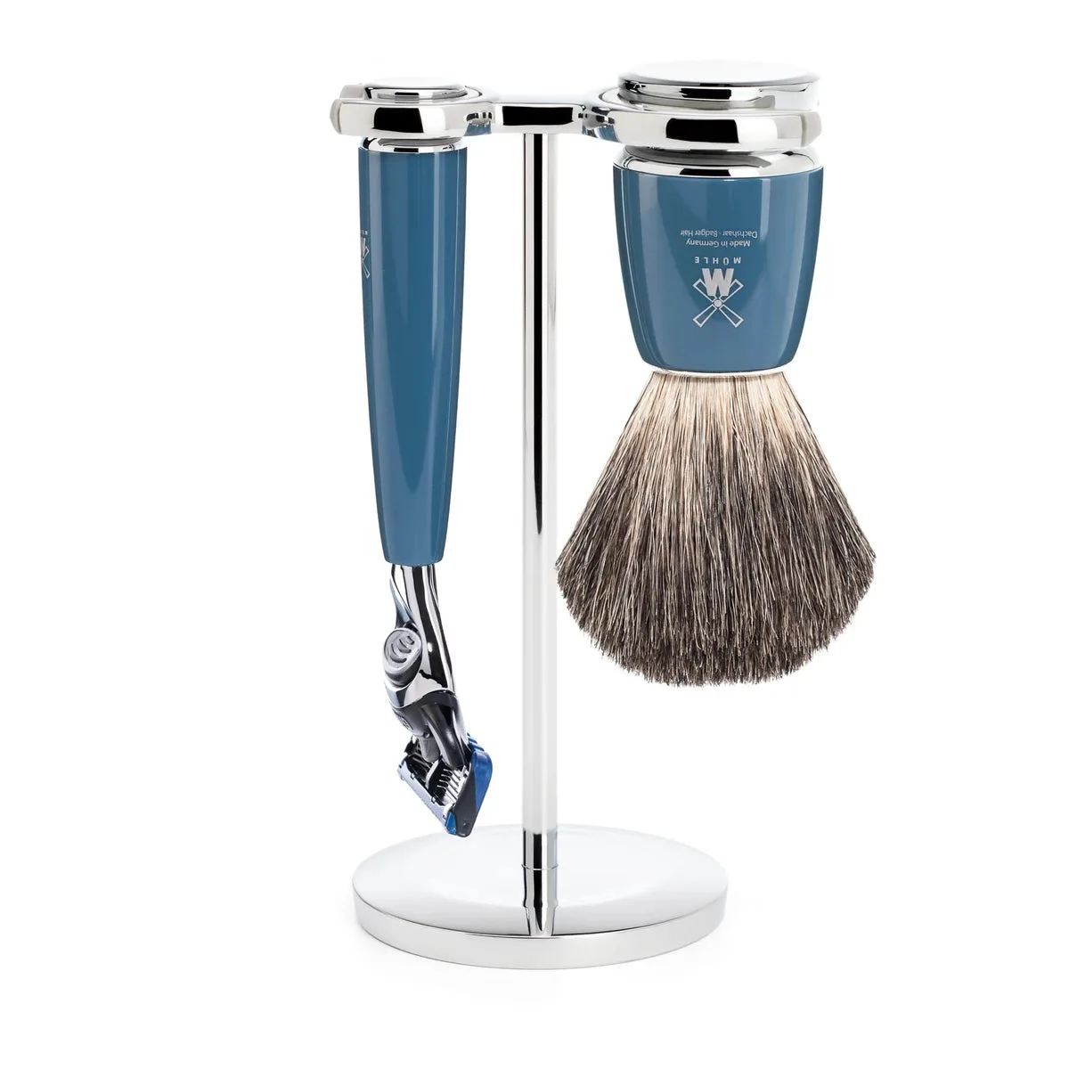 Mühle Shaving Barbersæt med Fusion Skraber, Barberkost og Holder, Rytmo, Petroleumsblå