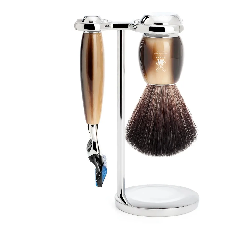 Mühle Shaving Barbersæt med Fusion Skraber, Barberkost og Holder, Vivo, Brunt Horn