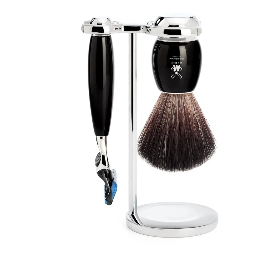 Mühle Shaving Barbersæt med Fusion Skraber, Barberkost og Holder, Vivo, Sort Kunstharpiks