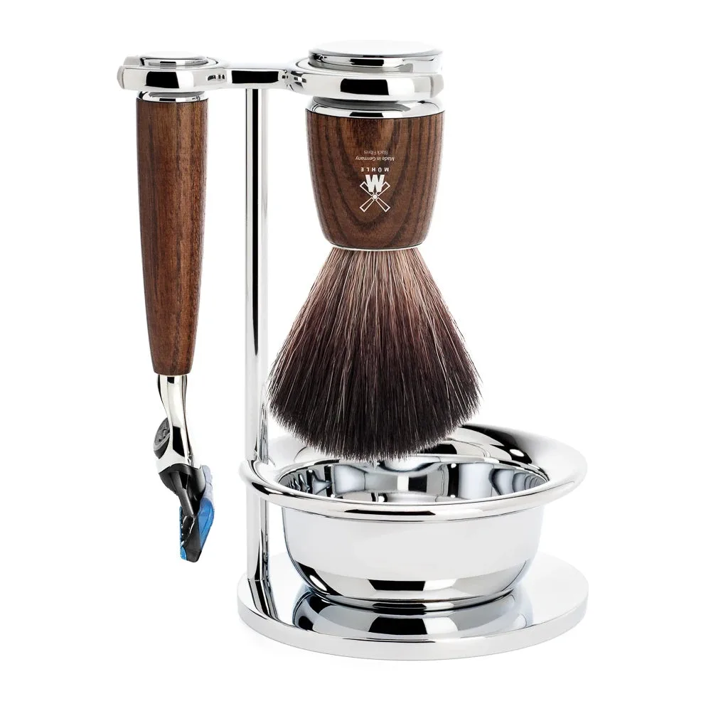 Mühle Shaving Barbersæt med Fusion Skraber, Børste, Holder og Skål, Rytmo, Ask