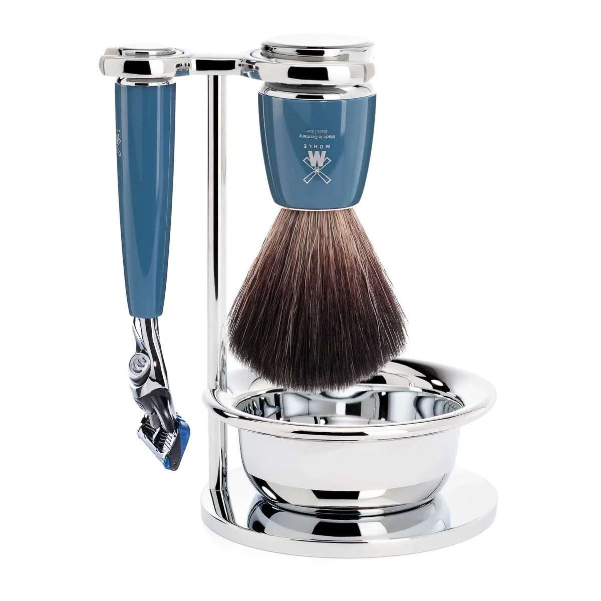 Mühle Shaving Barbersæt med Fusion Skraber, Børste, Holder og Skål, Rytmo, Petroleumsblå