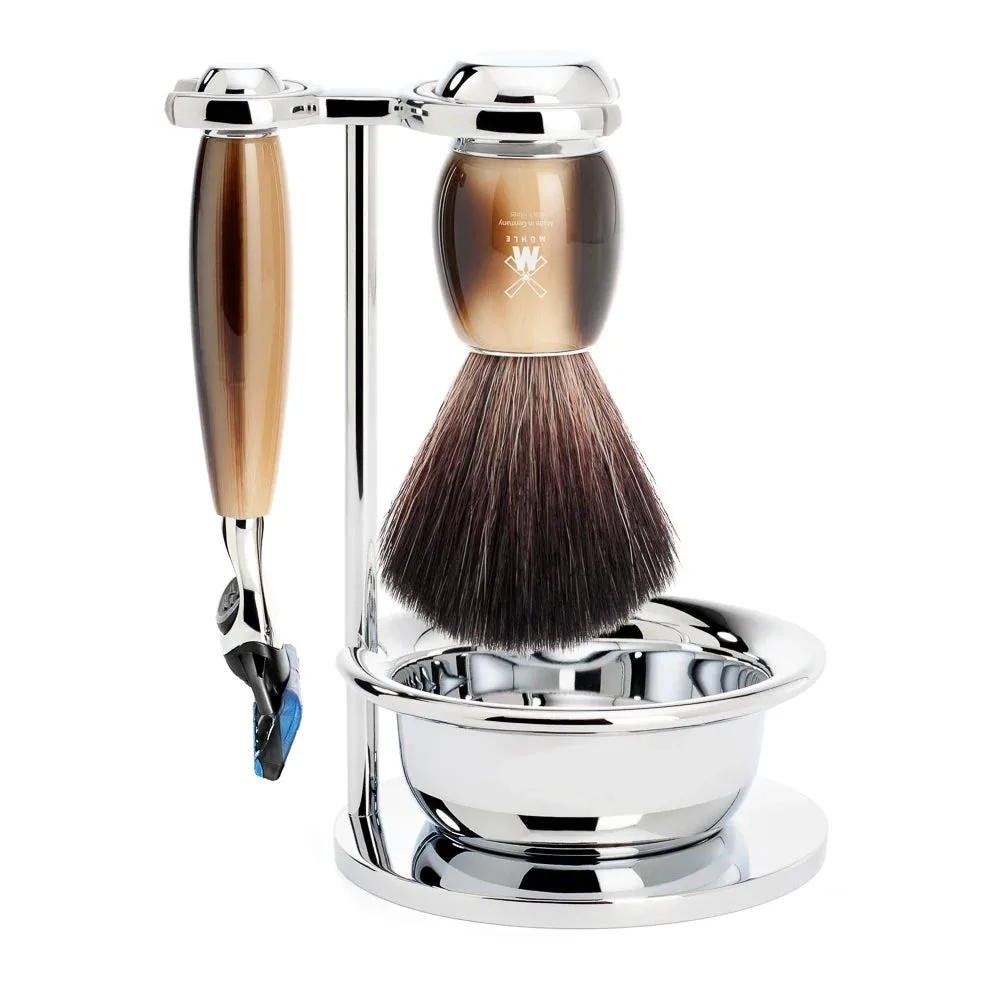 Mühle Shaving Barbersæt med Fusion Skraber, Fibre Barberkost, Holder og Skål, Vivo, Brunt Horn