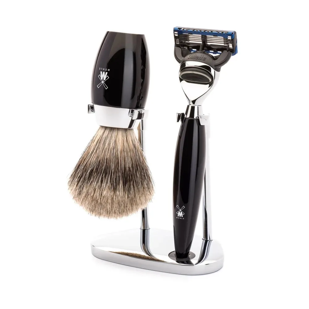 Mühle Shaving Barbersæt med Fusion Skraber, Fine Badger Barberkost og Holder, Kosmo, Sort Kunstharpiks