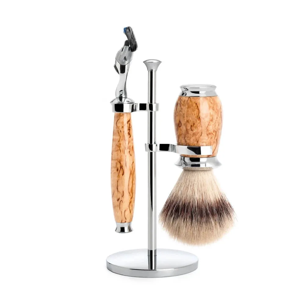 Mühle Shaving Barbersæt med Fusion Skraber, Silvertip FibreÂ® Barberkost og Holder, Purist, Karelian Burl Birk