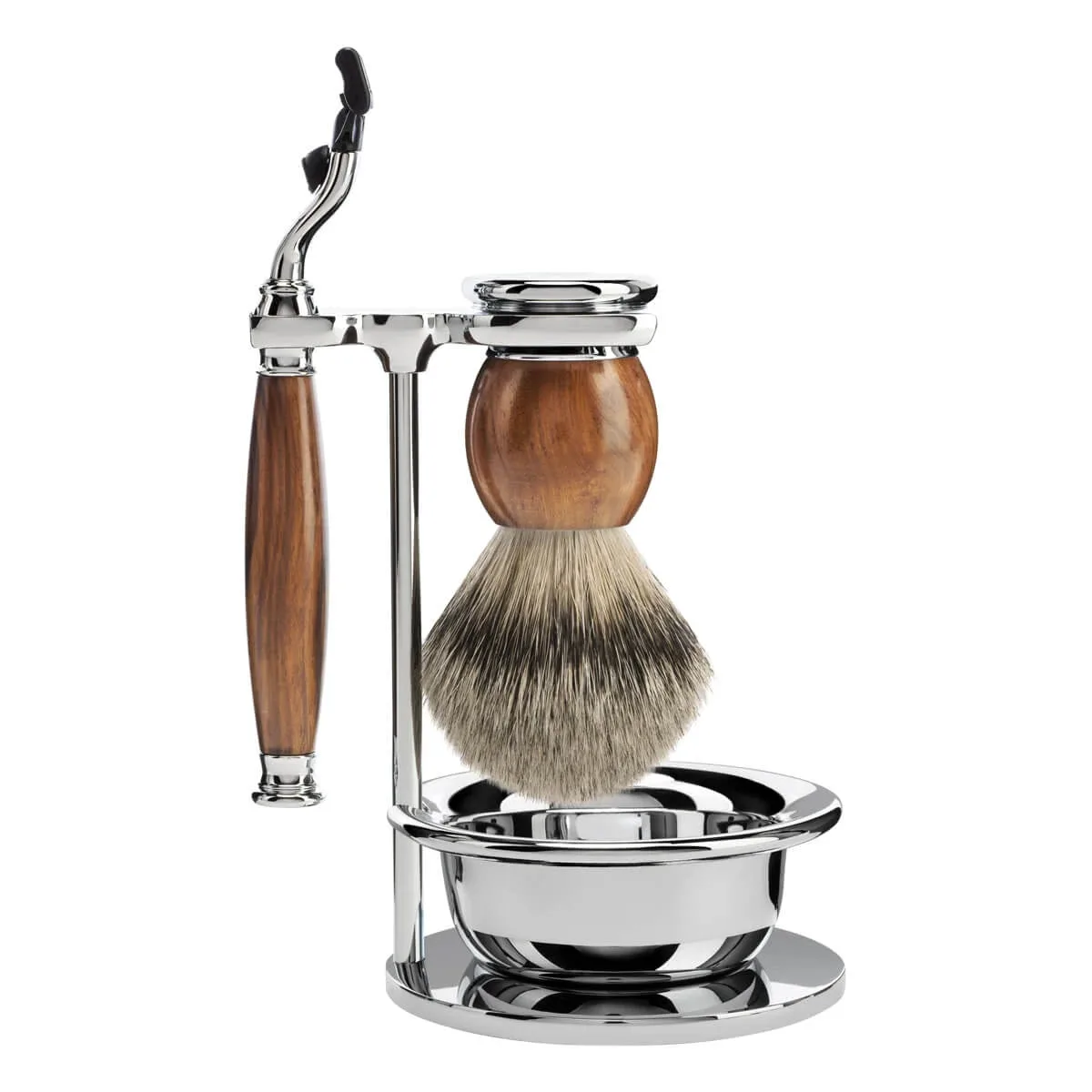 Mühle Shaving Barbersæt med Mach3 Skraber, Barberkost, Holder og Skål, Sophist, Ironwood